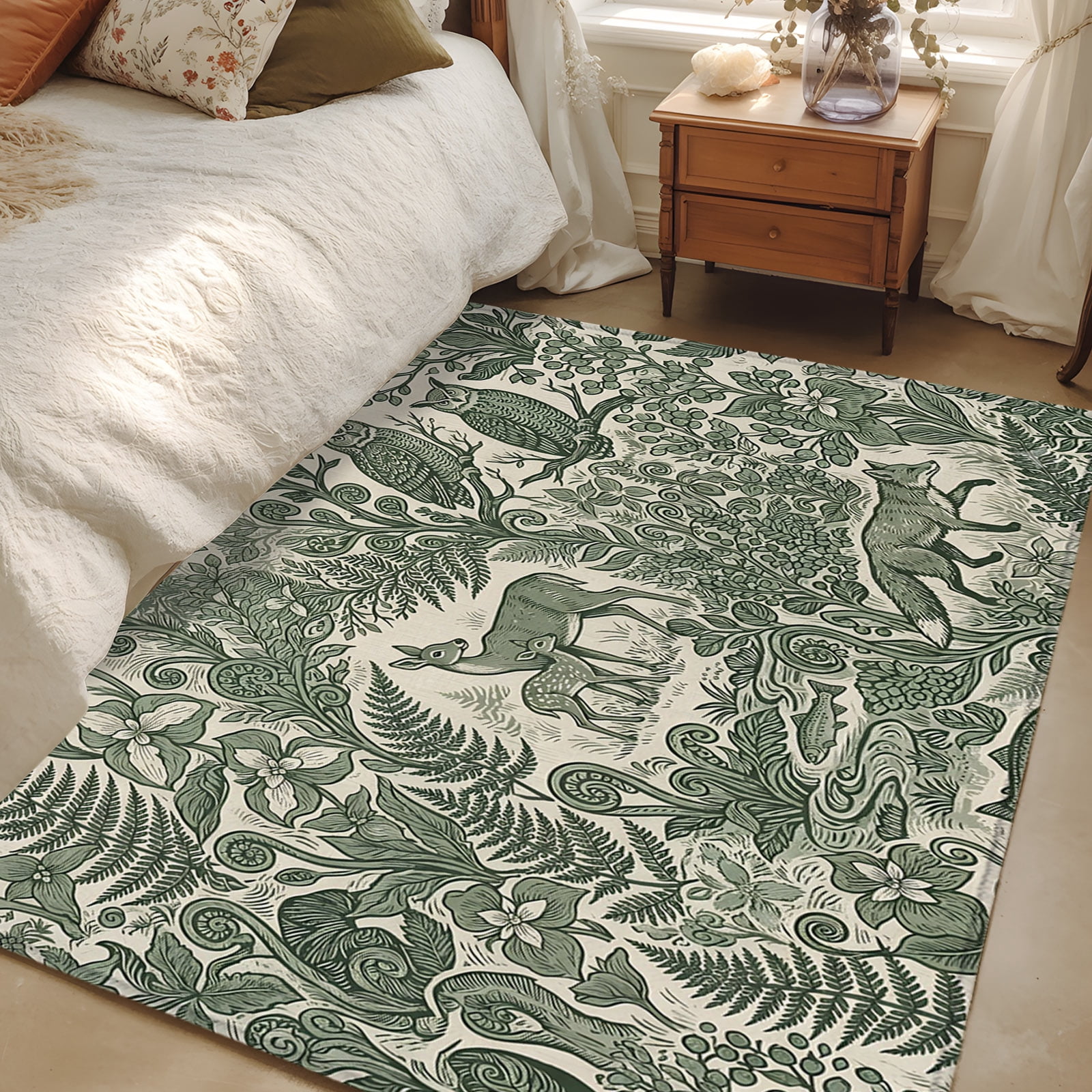 Rustic Elk Rugs 4x6 Area Rugs, Green Botanical Non-Skid Rubber Backing Large Rectangle ...