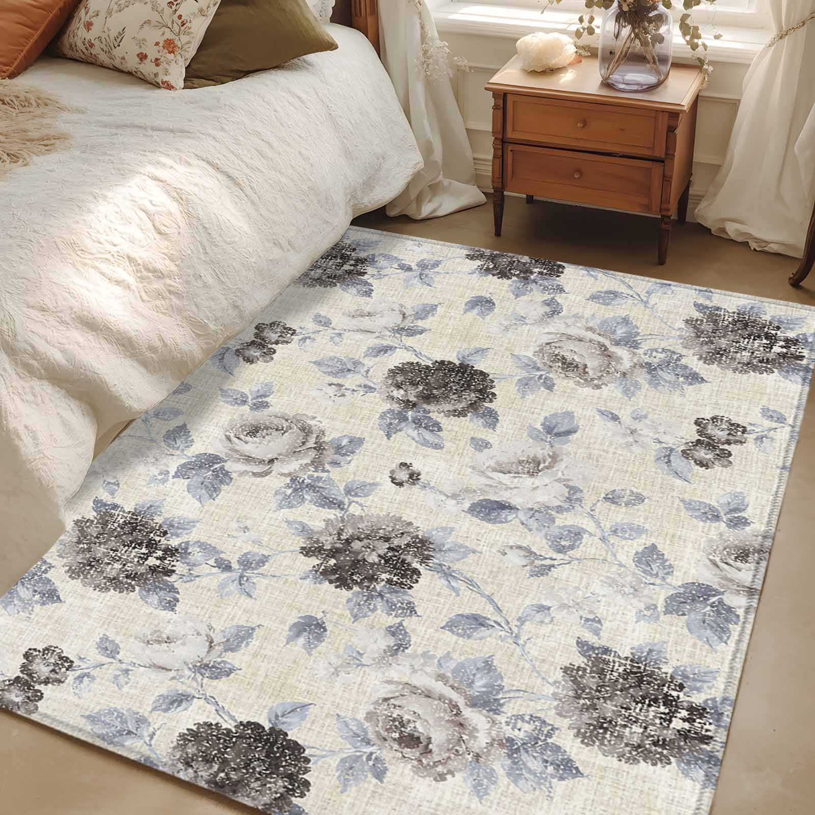 4x6 Rectangular Rug For Bedroom 4x6 Area Rugs, Grey Blue Vintage Floral Non-Skid Rubber Backing Large ...