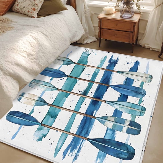 4x6 Area Rugs, Lake Paddles Non-Skid Rubber Backing Large Rectangle Rugs - Living Room Bedroom Home Office, Summer Watercolor Teal Blue Striped Indoor Floor Mat Carpets Washable Rug