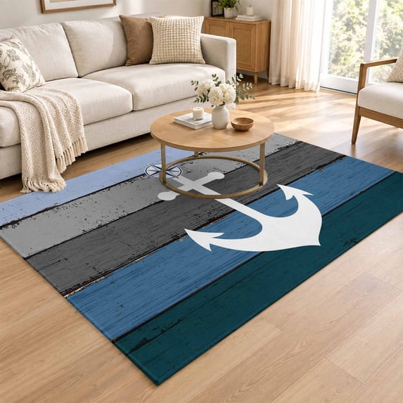 4x6 Area Rugs for Living Room, Blue Nautical Anchor Washable Non-Slip ...