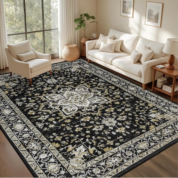 4x6 Area Rugs for Living Room: Washable Rug Soft Vintage Boho Medallion Carpet Indoor Non-Slip Stain Resistant Large Carpets for Bedroom Dining Room Farmhouse Nursery Home Office Black Gold