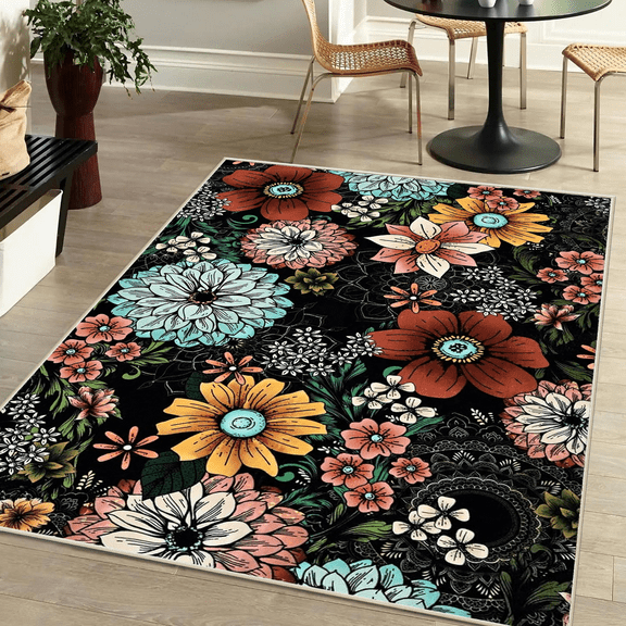 4x6 Area Rugs for Living Room: Washable Rug Stain Resistant Distressed Vintage Floral Rug Non Slip Low Pile Faux Wool Soft Large Area Rugs for Bedroom Bedside Farmhouse Dining Room Kitchen Nursery