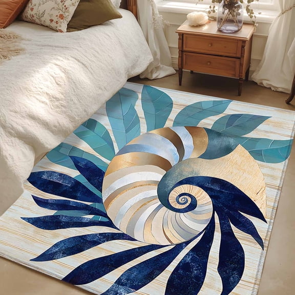 4x6 Area Rugs, Navy Blue Teal Coastal Non-Skid Rubber Backing Large Rectangle Rugs - Living Room Bedroom Home Office, Abstract Art Nautical Ocean Conch Indoor Floor Mat Carpets Washable Rug