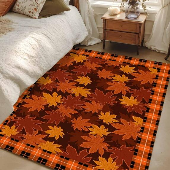 4x6 Area Rugs, Orange Maple Leaves Fall Non-Skid Rubber Backing Large Rectangle Rugs - Living Room Bedroom Home Office, Thanksgiving Orange Buffalo Plaid Indoor Floor Mat Carpets Washable Rug