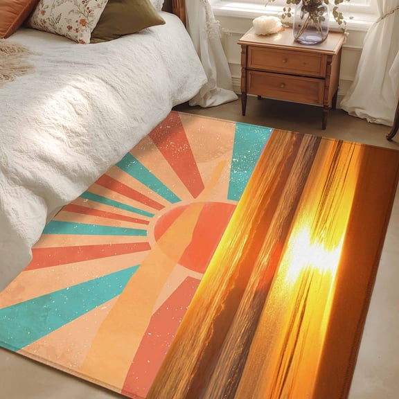 4x6 Area Rugs, Orange Sunset Non-Skid Rubber Backing Large Rectangle Rugs - Living Room Bedroom Home Office, Abstract See Beach Landscape Vintage Indoor Floor Mat Carpets Washable Rug