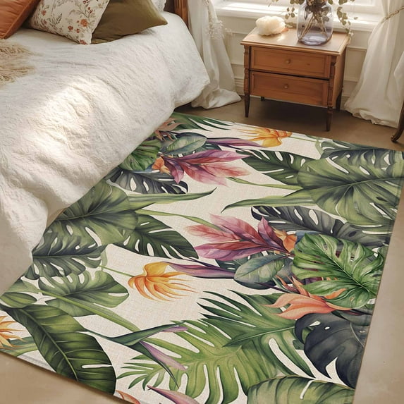 4x6 Area Rugs, Palm Leaves Non-Skid Rubber Backing Large Rectangle Rugs - Living Room Bedroom Home Office, Summer Botanical Tropical Plants Rustic Indoor Floor Mat Carpets Washable Rug