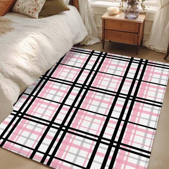 4x6 Area Rugs, Pink Black Plaid Non-Skid Rubber Backing Large Rectangle Rugs - Living Room Bedroom Home Office, Farmhouse Pink Black Checkered Indoor Floor Mat Carpets Washable Rug