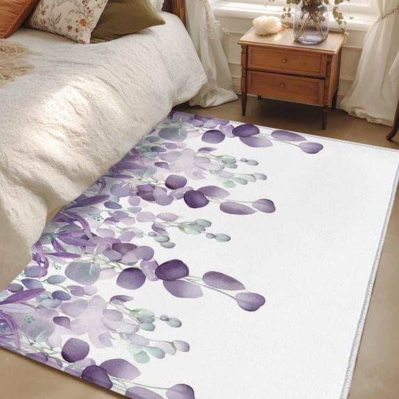 4x6 Area Rugs, Purple Teal Botanical Non-Skid Rubber Backing Large Rectangle Rugs - Living Room Bedroom Home Office, Watercolor Spring Eucalyptus Leaves Indoor Floor Mat Carpets Washable Rug