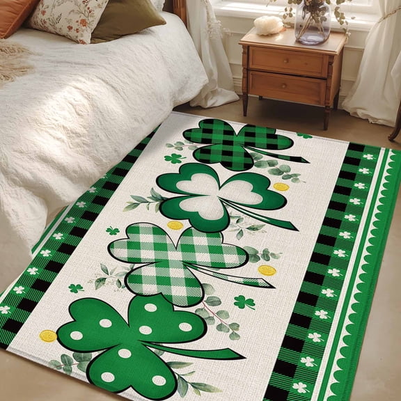 4x6 Area Rugs, St. Patrick's Day, Non-Skid Rubber Backing Large Rectangle Rugs - Living Room Bedroom Home Office, Green Shamrock Farmhouse Plaid Eucalyptus Indoor Floor Mat Carpets Washable Rug