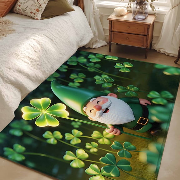 4x6 Area Rugs, St. Patrick's Day Non-Skid Rubber Backing Large Rectangle Rugs - Living Room Bedroom Home Office, Spring Green Shamrock Gnomes Leaves Indoor Floor Mat Carpets Washable Rug