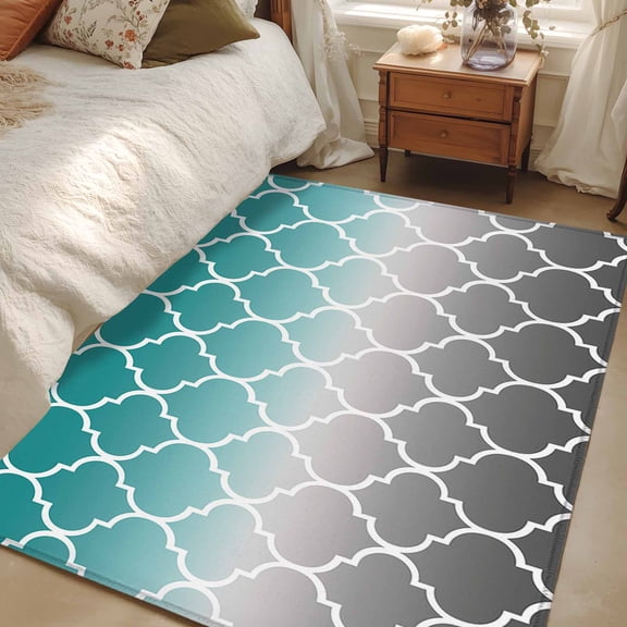 4x6 Area Rugs, Teal Grey Ombre Morocco Pattern Non-Skid Rubber Backing Large Rectangle Rugs - Living Room Bedroom Home Office, Modern Moroccan Geometric Indoor Floor Mat Carpets Washable Rug