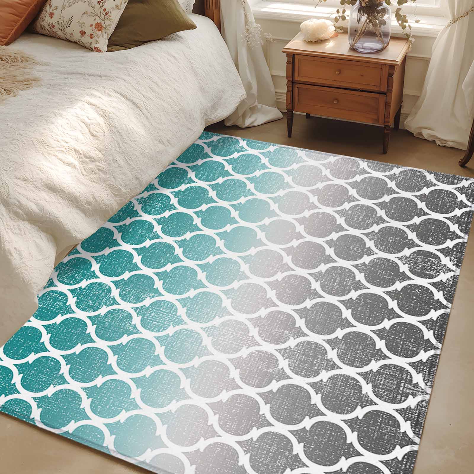 4x6 Area Rugs, Teal White Grey Ombre Morocco Pattern Non-Skid Rubber ...
