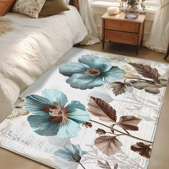4x6 Area Rugs, Vintage Flowers Non-Skid Rubber Backing Large Rectangle Rugs - Living Room Bedroom Home Office, Teal Blue Floral Nature Butterfly Indoor Floor Mat Carpets Washable Rug