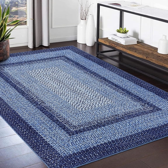 4x6 Bedroom Area Rug Braided Print Modern Geometric Area Rug Fsrmhouse Aesthetic Carpet Distressed Throw Rugs for Living Room Bedroom Kitchen Nursery Office (Blue)