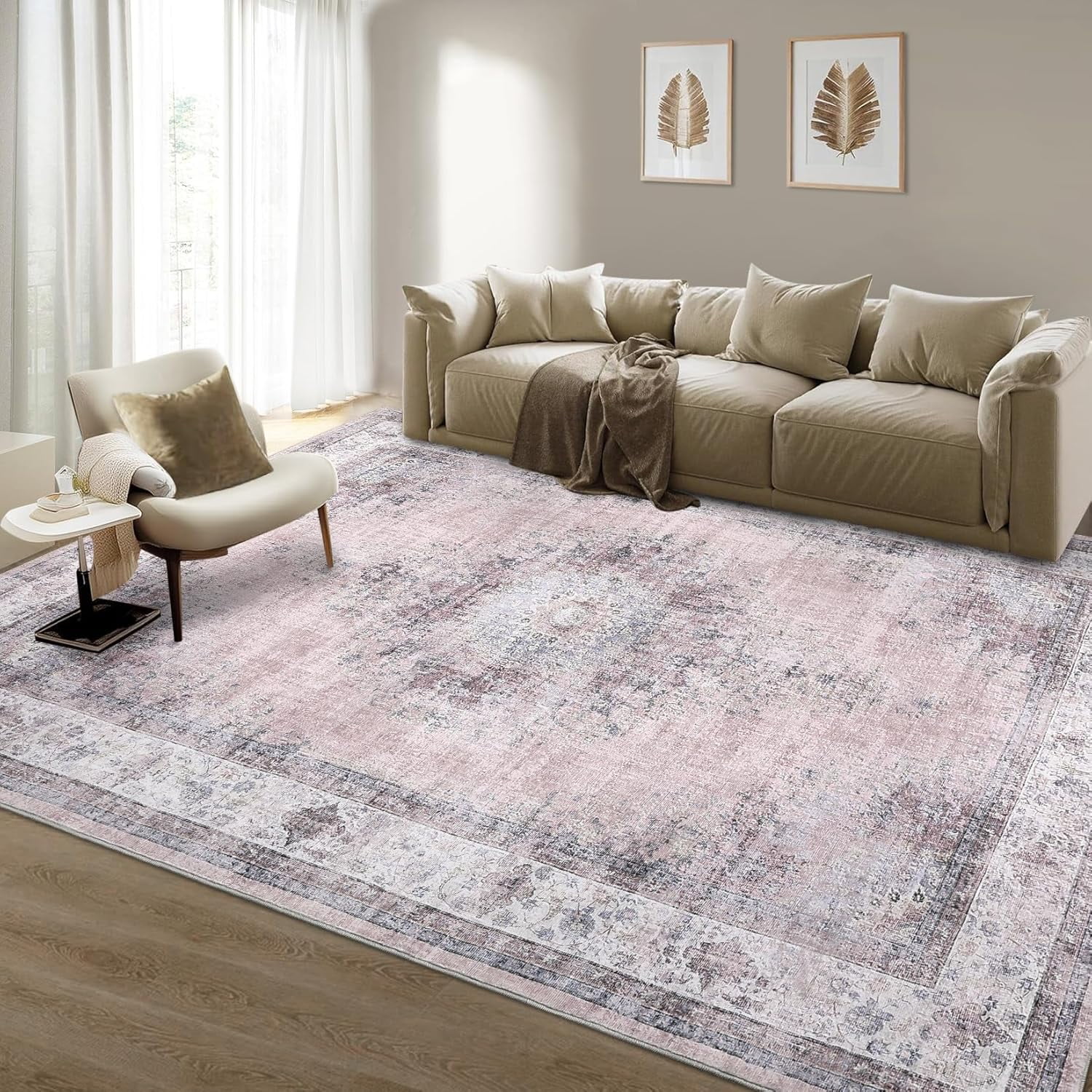 4x6 Bedroom Dining Room Soft Non Slip Vintage Medallion Distressed Area Rug for Under Table Home Office, Blush