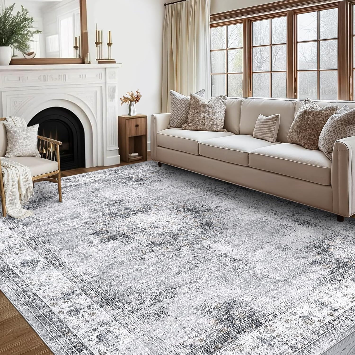 4x6 Bedroom Machine Washable Soft Dining Room Non Slip Vintage Indoor Throw Floor Carpet Medallion Distressed Area Rug for Under Table Home Office, Grey