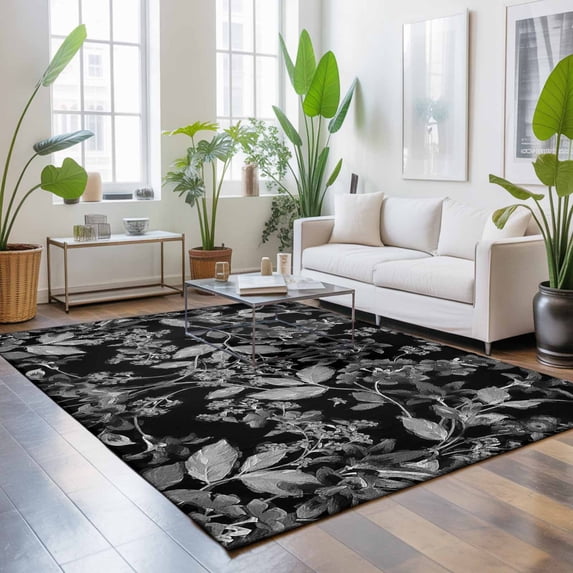 4x6 Black Floral Area Rug for Living Room, Washable Non Slip Low Pile ...