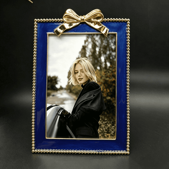 4x6 Blue Bow Metal Picture Frame Decor Ornate Antique Enamel Photo Frames with Glass Front, Art Decor Tabletop Display, Gifts Ideas , Horizontally & Vertically,Home Decor