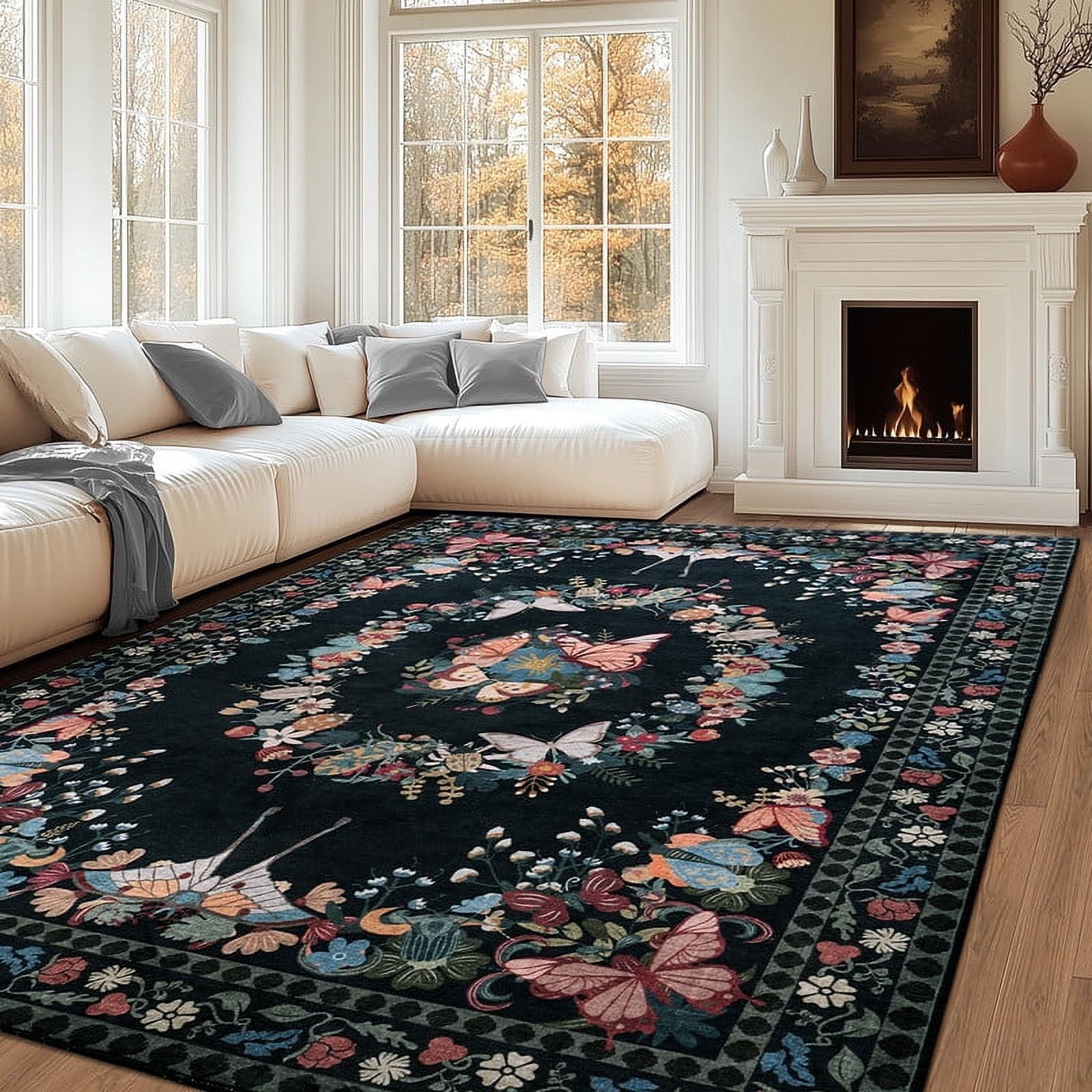 4x6 Butterfly Print Washable Black Area Rug for Living Room Bedroom Dining Room Office Nursery Non-Slip & Stain Resistant Modern Indoor Carpet, Soft Cozy Low Pile Throw Rugs with Rubber Backing