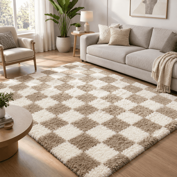 4x6 Checkered Area Rugs For Bedroom Fbeige And White Rug Fuzzy Shag ...