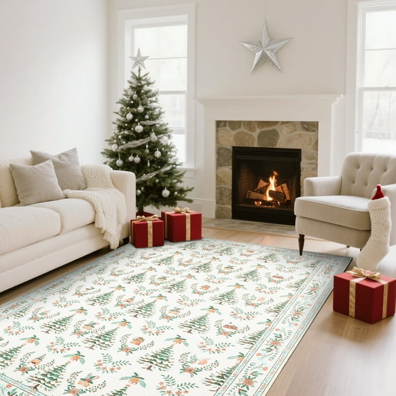 4x6 Christmas Rugs for Living Room Washable Non-Slip Christmas Print Area Rug with Coquette Bow Pattern for Bedroom, Low-Pile Stain Resistan Holiday Carpet for Dining Room Office