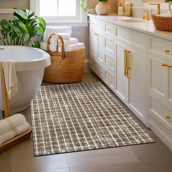 4x6 Coffee Plaid Washable Area Rug – Non-Slip Low Pile Stain-Resistant Carpet for Living Room, Bedroom, Dorm
