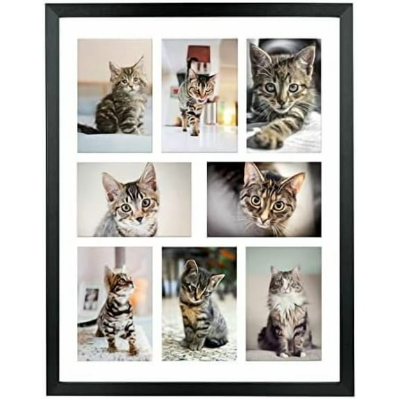 4x6 Collage Picture Frame 8 Openings Solid Wood, Displays 8 Opening 4x6 with Mat or 16x20 Inch without Mat, Collage Photo Frames Black Family Picture Frame Multi-Photo Set (LMK05a)