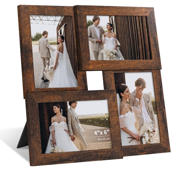 4x6 Collage Picture Frame with Real Glass, 4 Opening Wooden Photo Collage Frame with Stand, Family Multi Picture Frame for Wall or Tabletop Display, 4 Photo Gallery Frame for Home Decor, Rustic Brown