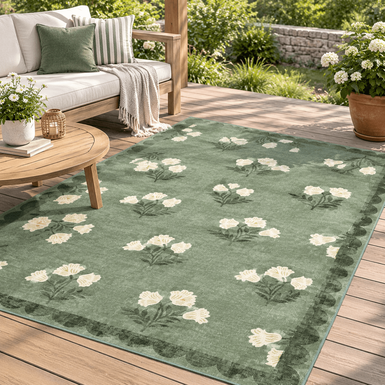 4x6 Covered Outdoor Patio Rug - Green Washable Front Porch Entry Non ...
