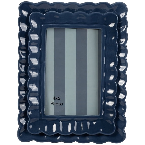Sterling & Noble Home – 4x6 Picture Frame – Double Ruffle Dark Blue Ceramic Photo Frame