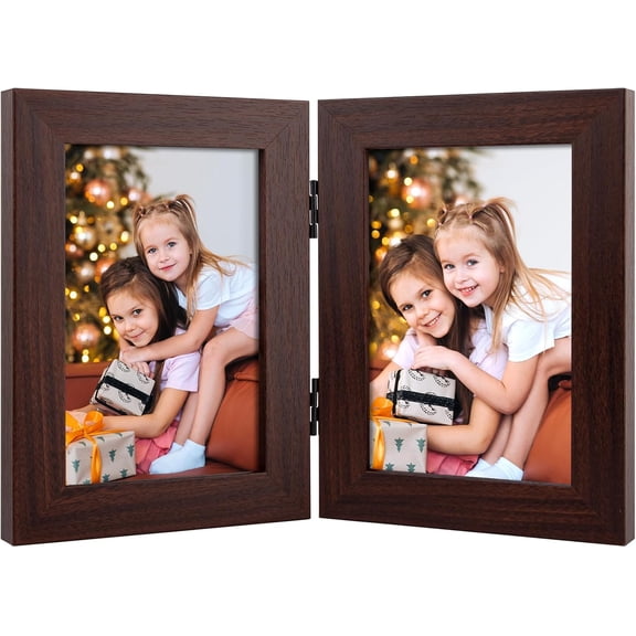 4x6 Double Hinged Picture Frame with Glass Front, Engineered Wood Two Photo Frame Collage for Vertical Display, Side by Side Standing Frame (Walnut, 1 Pack)
