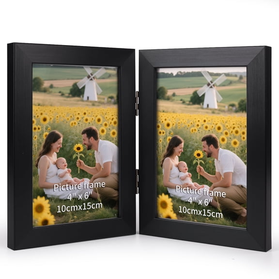 4x6 Double Picture Frame Display Vertical 4 by 6 Photo, Black Hinged Folding Frame for Tabletop Standing