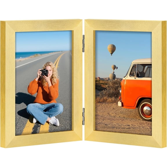4x6 Double Picture Frame, Hinged 2 Opening MDF Photo Frames with Plexiglass, Vertical Tabletop Stand, Gold