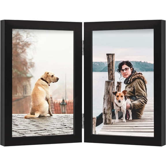 4x6 Double Picture Frame Wooden Hinged Photo Frame Definition Glass Stand Vertically on Desktop or Tabletop Black