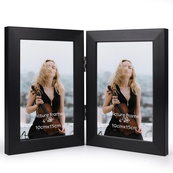 4x6 Double Picture Frame, Black Hinged Folding Frame for Tabletop Standing