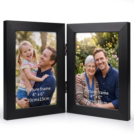 4x6 Double Picture Frame, Black Hinged Folding Frame for Tabletop Standing, Gift for Graduate or Wedding