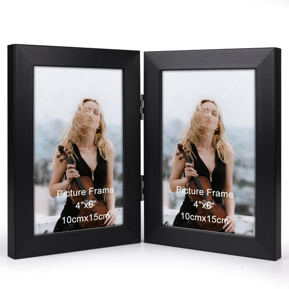 4x6 Double Picture Frame, Black Hinged Folding Frame for Tabletop Standing, Gift for Mother 's Day
