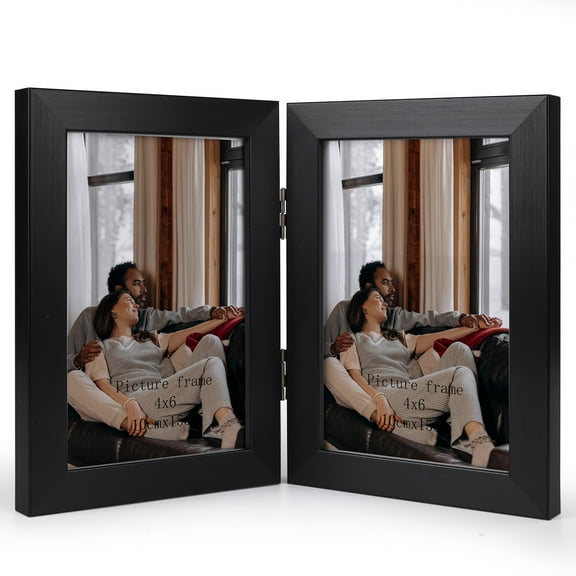 4x6 Double Picture Frame with Real Glass Display Vertical 4 by 6 Photo, Hinged Folding Frame for Tabletop Standing, Black