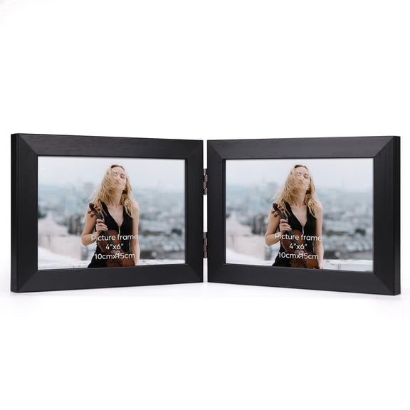 4x6 Double Picture Frame, Horizontal Black Hinged Folding Frame for Tabletop, Gift for Father 's Day or Wedding