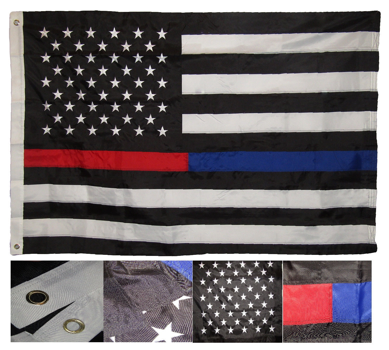 4x6 Embroidered Sewn Thin Red Blue Line USA American 210D Nylon Flag 4'x6' Clips