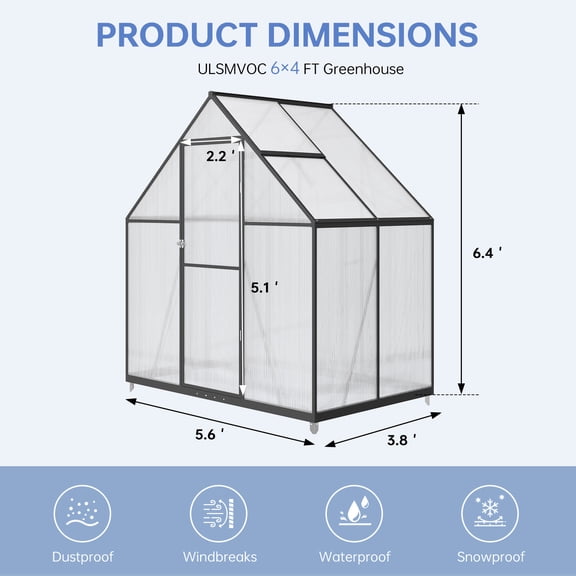4x6 FT Outdoor Greenhouse - Small Walk-in Polycarbonate Green House Kit for Winter