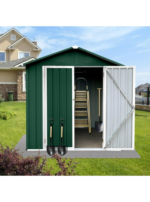 4x6 FT Outdoor Metal Storage Sheds with Apex Roof,Single-Storey Waterproof Roofed Structure Garden Shed w/Lockable Doors,for Lawn Equipment Tool Sundries,Green+White