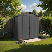4x6 FT Resin Shed Outdoor Storage Shed with Floor, Weather Resistant Plastic Garden Shed with Lockable Door & Ventilation, Heavy Duty Backyard Storage for Tools, Lawn Equipment