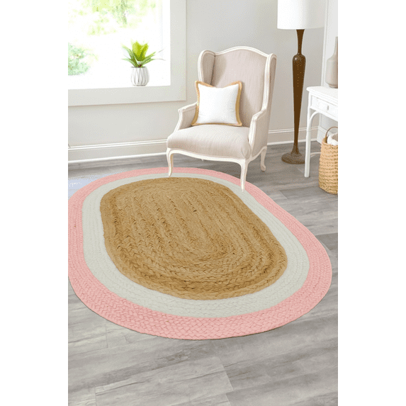 4x6 Ft Oval Pink and White & Natural Jute Area Rug, Hand-Woven, Reversible, Farmhouse Boho Style, Durable & Pet-Friendly Rug for Living Room, Dining Room, and Bedroom