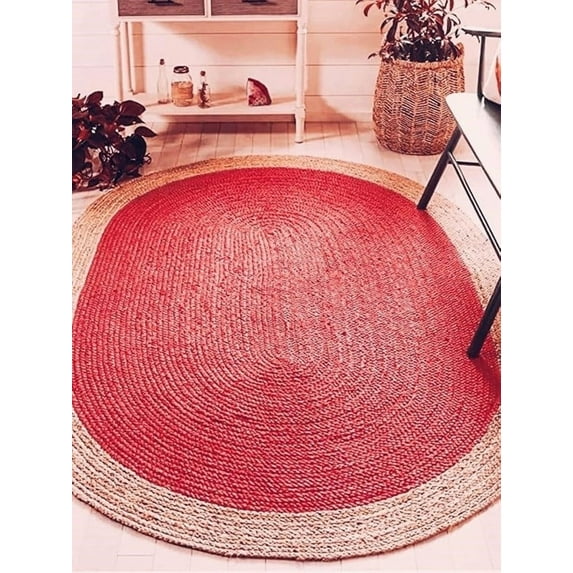 4x6 Ft Oval Red Jute Area Rug | Handmade | Solid Farmhouse Design | Natural Jute Rug for Living Room | Dining Room | Bedroom | Kitchen | Hallway | Entryway