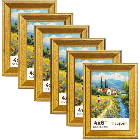 4x6 Gold Picture Frames Set of 6,Rustic Gold Frames Display Pictures 3x5 with Mat or 4x6 Without Mat,Tabletop Display and Wall Mounting Collage Photo Frame,Set for Wall Gallery