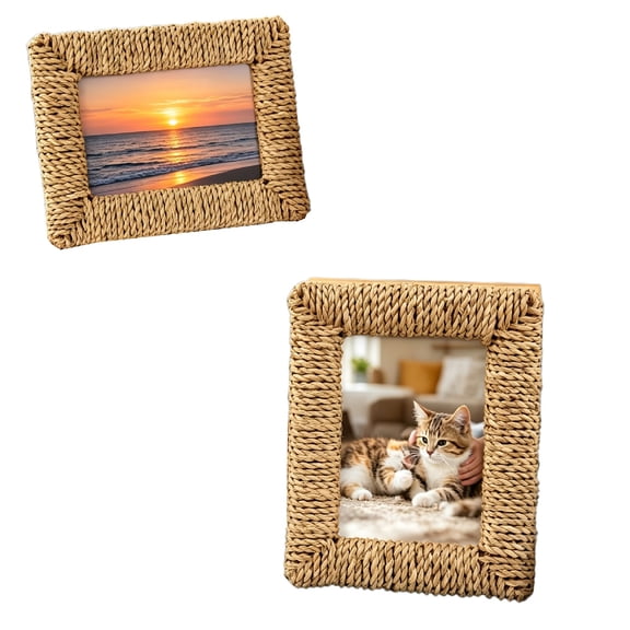 4x6 Handwoven Rattan Picture Frame, Natural Woven Wicker Photo Frame, Rustic Handmade Frame for Wall Desk Bookshelf Tabletop