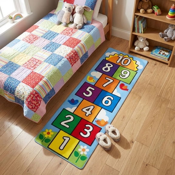 4x6 Hopscotch Game Mat Cartoon-themed fun map design Soft plush, machine washable Non-slip, stain-resistant vintage-style rug Perfect for boys' and girls' bedrooms or playrooms