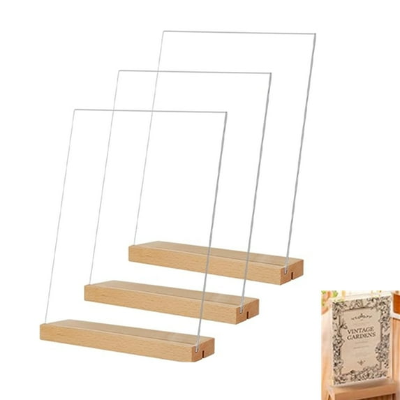 4x6 Inch 3 Pack Acrylic Sign Holder with Wooden Base, Desktop Display Stand (4x6 3Pack)