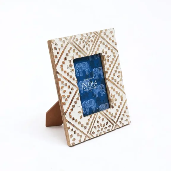 4x6 Inch Hand-Carved Mango Wood Photo Frame, Whitewashed Rustic Decor